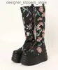 Сапоги коренастые нижние цветочные при печати колена высокие ботинки классная девушка круглый ноги на Zip Fashion Knight Boots Spring Casual Trost 2024 Q240321