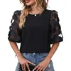 T-shirt à manches mi-longues pour femmes, chemisiers à motif de fleurs 3d, élégant, imprimé Floral, décontracté, coupe ample, haut à col rond, tendance pour l'été