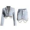 Twotwinstyle vente en gros diamants épissés manteau court et jupe Denim deux pièces ensembles femmes