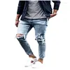 Мужские джинсы, мужские брюки-карандаш с отверстиями до щиколотки, джинсовая рубашка со средней талией, облегающие мотобайкерские карманы, однотонная застежка-молния