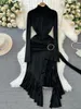 Casual Kleider 2024 Frühling Herbst Koreanische Mode Promi Stil Lange Ärmeln Stehkragen Kleid Frauen Slim Fit Party Trompete