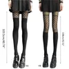 Women Socks Goth Black Sheer Pantyhose Mesh Fishnet Print Stitching Jacquard Tights Fake Thigh Stockings