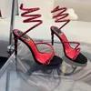 Rene Caovilla High Heel Sandals Fashion Rhinestone Decoration Designer Shoes 9.5cm klackar Kvinnor Satin Snake Wrapped Butterfly Flower Open High Quality With Box