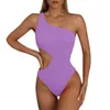 Damesbadmode sexy één schouder voor dames buikcontrole plus maat effen ruche holle taille uitsnijding bikini badpak paarse bikini's