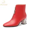 Buty Phoentin Red Party Buty dla kobiety jesienne zima nowe eleganckie damo kwadratowe palce wysokie obcas z przodu zamek błyskawiczny skórzane kostki ft1728