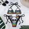 Women's Swimwear Sexy Gothic Emo Bikini Women Two-piece Skull Print Suit Split Bathing High Waist Swimsuit Strap Beach Wear