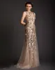 2019 Krikor Jabotian Neuankömmling Abendkleider Sexy Meerjungfrau Sheer Crew Gold Applikation Abendkleider Tüll Ballkleider7089598