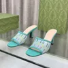 Designer Slifori sandali Eleganti pantofole di tallone alto Sandali decorativi in cristallo a cavi sandali decorativi di lusso Nuova vera pelle con tacchi spessi 7 cm con scatola