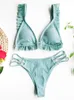 Women's Swimwear In-X Ruffled Swimsuit Women 2 Piece Solid Green Bikini Set Cutout Push Up 2024 Summer Bathing Suit