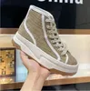 Designer lyxiga kvinnor casual skor hög toppbokstäver högkvalitativ sneaker ebenholts duk tennis tyg trimmer tjocksulad sko