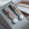 Örhängen Syoujyo Luxury Pearl Long Drop Earrings for Women 585 Rose Gold Color Fine Wedding Jewelry Trendy Easy Matching Dangle Earring 230831