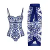 Costume da bagno moda bikini blu stampato e copricostume con gonna attillata fasciatura da donna Summer Beach Luxury Elegante 240227