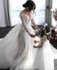 2023 Sexy Luxury Mermaid Wedding Vestidos de joya Mangas largas Ilusión Apliques Tul Tul Tulle Respetición de tren desmontables Vestidos nupciales formales Tamaño grande