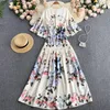 Partykleider Frühling Sommer Frauen V-Ausschnitt Lautsprecher Ärmel Lose Langes Kleid Vintage Hofstil Blumendruck Großer Saum Maxi