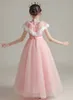 Bonito tule rosa gola alta apliques contas vestidos de menina de flor vestidos de concurso de menina meninas aniversário/festa saia menina vestido todos os dias personalizado SZ 2-12 D321069