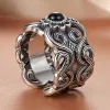 Vintage Black Zircon Carved Hollow Flower Wide Sleeve Finger 14K White Gold Ring for Women Girls New Fashion Jewelry Gift