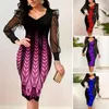 Casual Dresses Women Printed Dress Elegant V Neck Mesh Sleeve Midi Sheath Kne Längd Plus Size Formal Slim Fit For