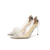Pumpar 2023 NYA STILETTO POSED TOE BRIDALVÄRKskor Bankett Rhinestone Bow Women Shoes Baotou Highheeled Sandals for Women