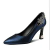 Pompes Femmes mignonnes Sweet Crystal Floral Déco High Heel Chaussures pour Night Club Lady Fashion Navy Blue Heel Chaussures Zapatos de Mujer B233