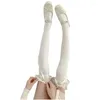 Meias Hosiery Women Women Ballet Bow Bandage sobre meias de joelho Tubo de garotas para garotas para meninas da coxa de renda para feminino Oteco