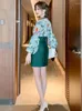 Robes de travail Robe pour femmes avec bouton rétro contraste de couleur superposition impression romantique chemise à manches lanterne 2024 haut de haute qualité