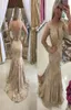 Champagne Arabic Mermaid Evening Dresses Long Sleeve Sheer Neck Appliques Formal Prom Party Gowns Special Occasion Dress vestidos 9263100