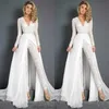 2021 Boheemse Kant Chiffon Trouwjurken Jumpsuits Bruidsjurken Met Overrok Bescheiden V-hals Lange Mouwen Boho Strand Broek Past Bruidsjurk