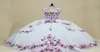 2022 Elegante Lila Bloemen Met Patroon Witte Baljurk Quinceanera Jurken Halter Keyhole Hals Rug Kralen Tule Lang Zoet 15 16 Ch7098517