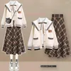 Work Dresses Xgoth Winter Skirt Set Lapel Casual Loose White Shirts Knitted Cardigan Tops A-line Plaid Skirts Korean Fashion Three Piece