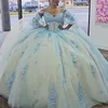 Glanzend Hemelsblauw Quinceanera Jurk Baljurk Champagne Voering Kant Appliqué Kristallen Kralen Tull Sweet 16 Vestido De 15 Anos