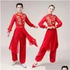 エスニック服ヤンジダンスユニフォームセット古代中国の服男性メンズレッドランタンショーコスチュームドラムパフォーマンスコスチュームドロップデオティトル