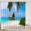 Shower Curtains Ocean Curtain Seaside Beach Palm Tree Waves Nature View Boat Sunshine Summer Mediterranean Polyester Bathroom Decor Sets