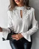 Women's T Shirts Casual Lace Blouse Women Clothing Spring Summer Keyhole Neck Crochet Long Sleeve Top Solid Slim Cutout