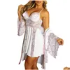 Womens Sleepwear Large Size Women Pajamas Dress Slik Lace Night Ladies Butransparent High Waist Bodycon Babydolls Stain Nightgown Drop Otql5