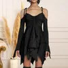 Robes décontractées Halloween pour femmes Robe de performance de couleur unie plissée avec bretelles irrégulières Midi pour les femmes en vrac