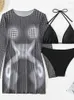 Женские купальники, женский купальник, 2024, платье, комплект из 3 предметов, черный, прозрачный, с длинными рукавами, пляжные купальные костюмы