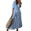 Casual Dresses Mid-Sleeve A-Line Dress Flower Print Maxi With Tassel Decor V Neck For Vacation Beach Women Loose Fit