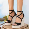 Sandalen 2024 Cross-Strap Super Hoge Hakken Wiggen Leisure Party Espadrille Sandaal Stro Platform Schoenen Voor Vrouwen Big Size