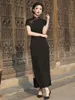 Roupas étnicas Jovem elegante senhora estilo preto jacquard cheongsam primavera / verão chinês manga curta vestido diário wearable