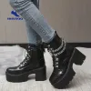 Sandals Winter Gothic Punk Womens Platform Boots Black Strap Zipper Creeper Wedges Shoes Mid Calf Military Combat Boots Women