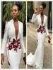 White Mermaid Sexy 2019 African Evening Dresses High Neck långa ärmar Applices Prom Dresses Deep Vneck Formal Party Gown4032572