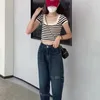 Jeans femininos rasgados perna reta calças azuis para mulher com buracos calças rasgadas bolsos roupas japonês y2k emo loosefit brilhante