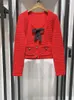 Work Dresses Women Red Knit Suit Bow Square Collar Long Sleeve Rhinestone Buttons Sweater Or Pleated A-line Skirt Set