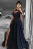 Elegant Navy Blue Lace Chiffon Evening Dresses With Front Split A Line Appliques Jewel Neck Sheer Long Sleeve Prom Gowns Bridesmaid Dresses BC12339