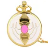 Pocket Watches Heart Shaped Pink/Purple/Blue Stone Gold Quartz Necklace Anime Student Girl Gift Elegant Charm Pendant Clock