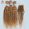 Wigs #27 Honey Blonde Water Wave Bundles With Closure Brazilian Human Hair 3 /4 Bundles With Transparent Closure Applegirl Remy Hair