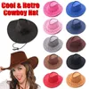 Berretti Accessori Costumi Cappello stile jazz stile occidentale Fedora in feltro da cowboy in pelle scamosciata a tesa larga