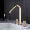 Torneiras de pia do banheiro de luxo escovado ouro latão torneira de alta qualidade lavatório água fria 3 furos 2 alças torneira da bacia de mão