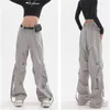 Spodnie damskie Y2K Casual szeroko nogi elastyczna talia Spring Korean Streetwear Ogniarne wysokie joggery szare plisowane spodnie