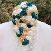 Fleurs de mariage JaneVini 2024 Ruban vert foncé Bouquets de cascade Perles de perles Roses de satin artificielles Bouquet de mariée en cascade